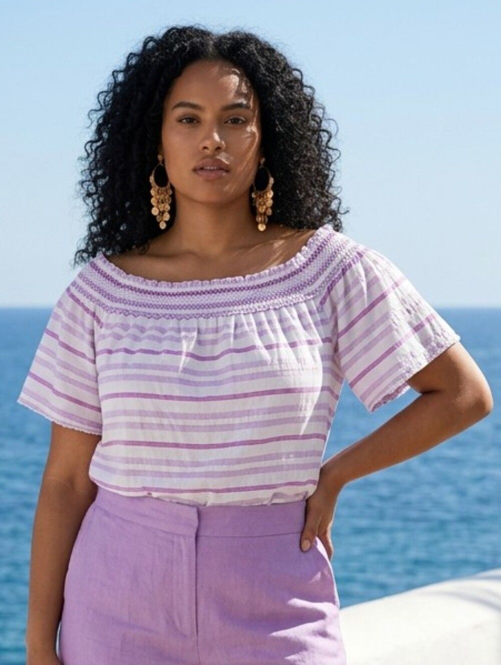 Lane Bryant 18/20 Off the Shoulder Flutter Sleeve Smocked Lavender Stripe Blouse
